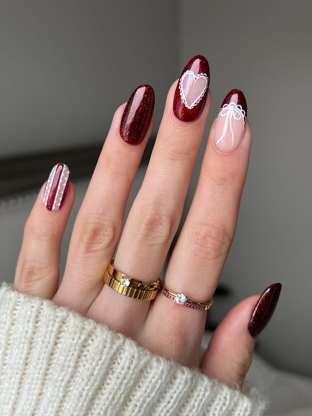 Deep Red Glitter with Romantic Art Deep Red Glitter with Romantic Art — Date Night Nails