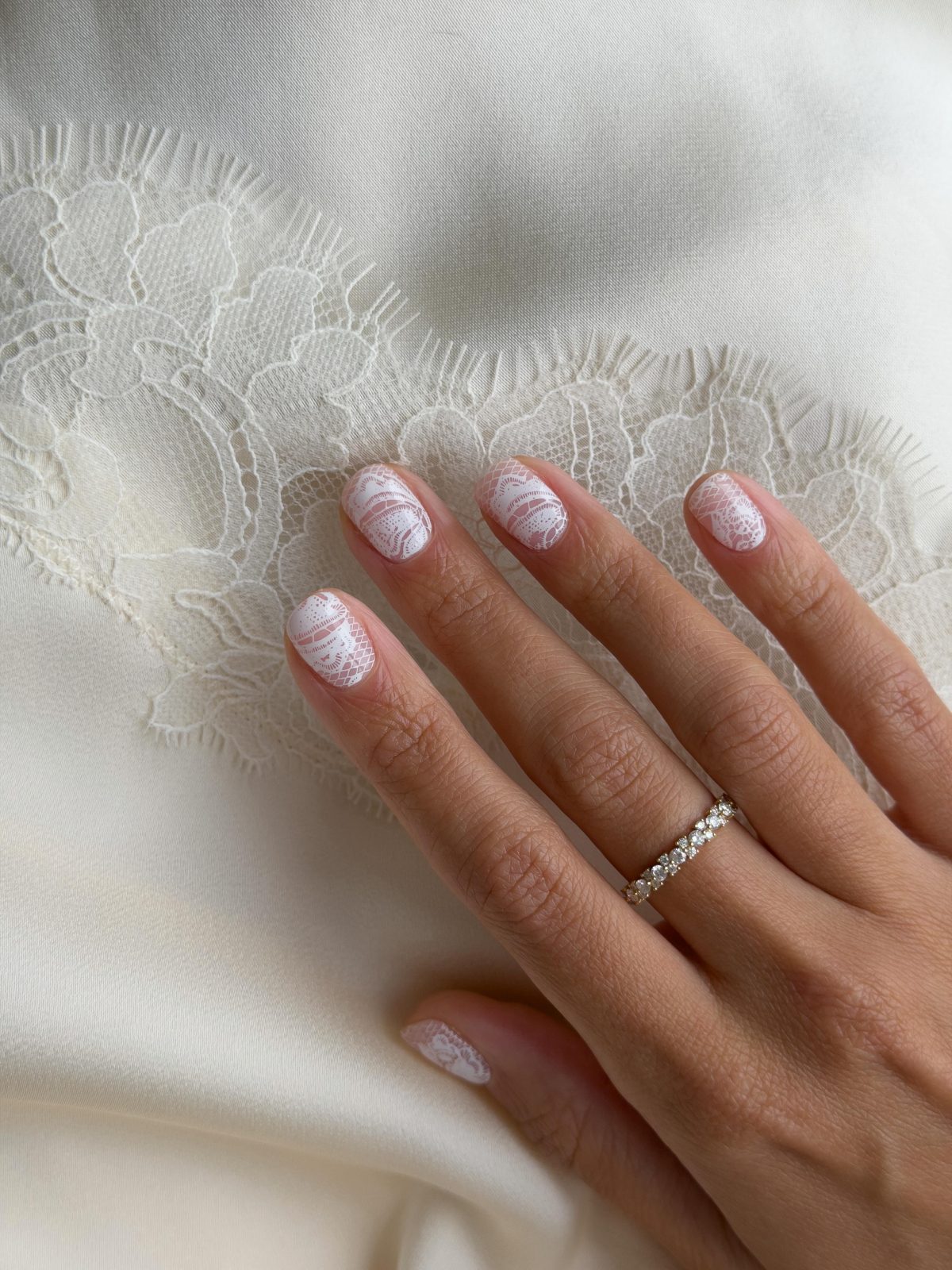 Medium Oval Sheer Nude Lace Pattern — Wedding Nails
