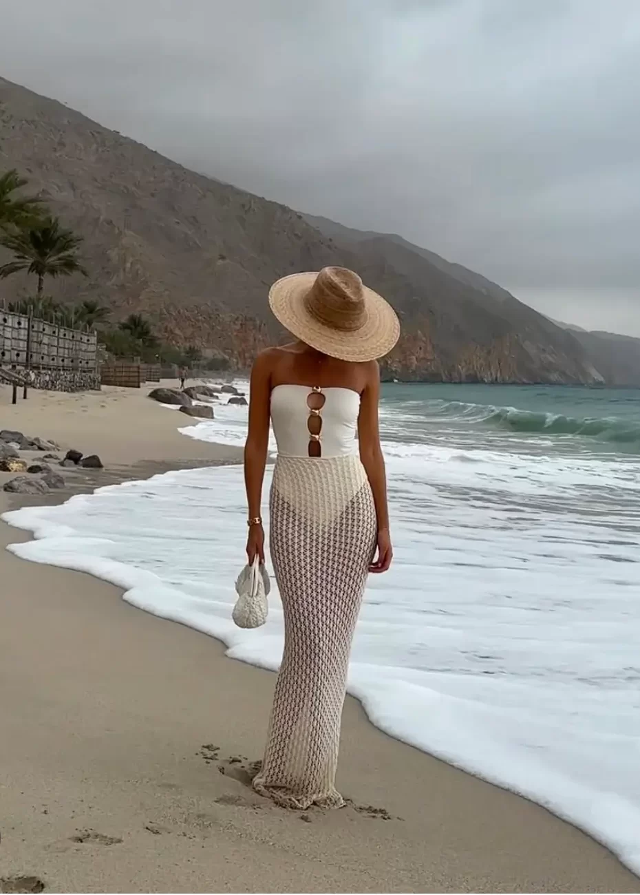 White Swimsuit with Beige Crochet Maxi Skirt — Beach Outfits