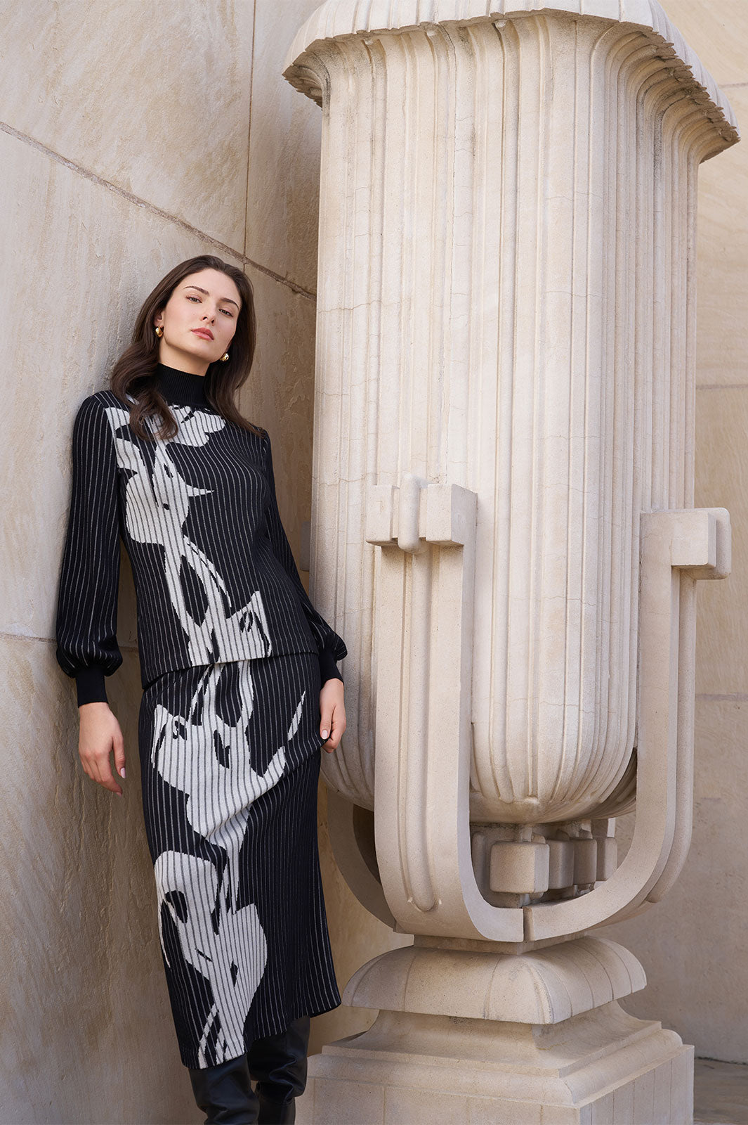 Graphic Print Knit Set with Turtleneck and Boots Graphic Print Knit Set with Turtleneck and Boots — Petite Outfits