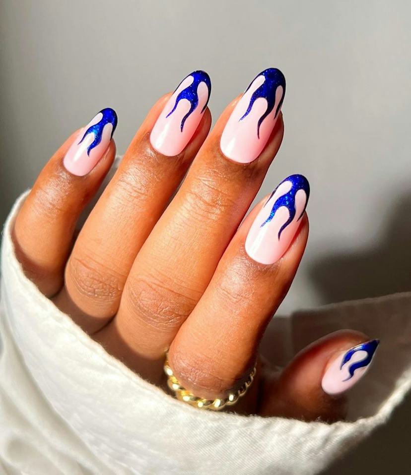 Light Pink with Vibrant Blue Flame Decals — Blue Nails