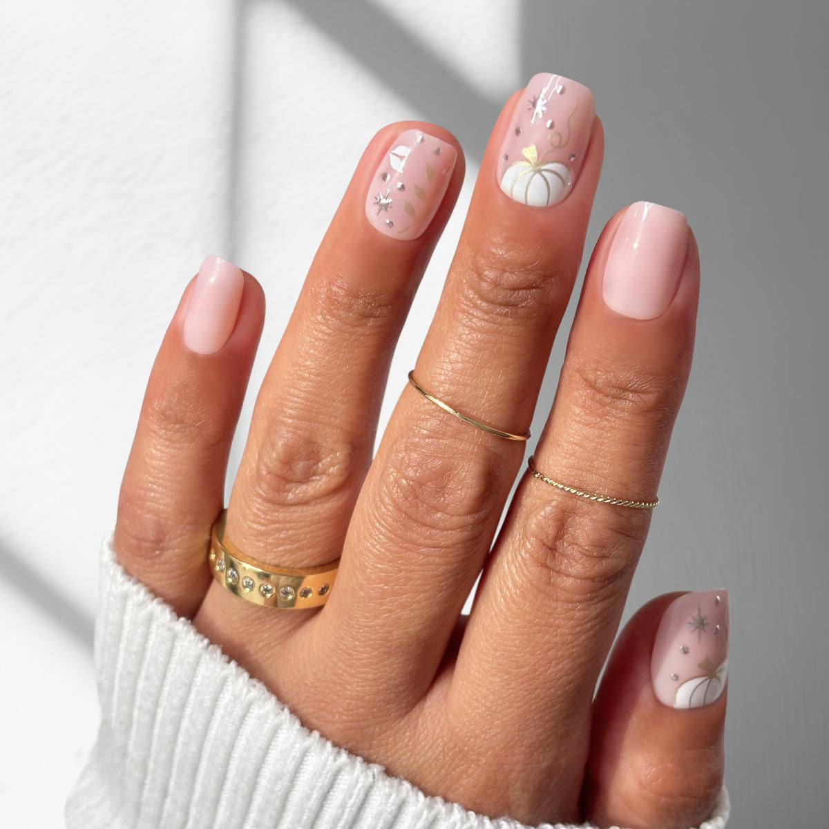 Pale Pink Squoval with Autumn Decals Pale Pink Squoval with Autumn Decals — Squoval Nails