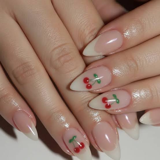Medium Stiletto Sheer Nude With Tip Cherries Medium Stiletto Sheer Nude With Tip Cherries — Cherry Nails