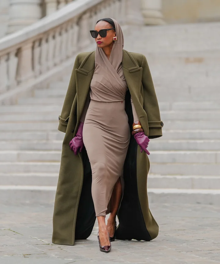 Transitional Chic: Draped Dress with Olive Coat and Purple Gloves Transitional Chic: Draped Dress with Olive Coat and Purple Gloves — Dressy Outfits