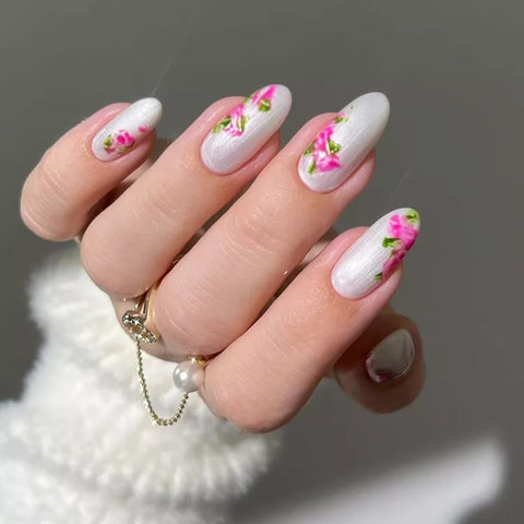 White Floral Motif Oval Nails — Pink and White Nails