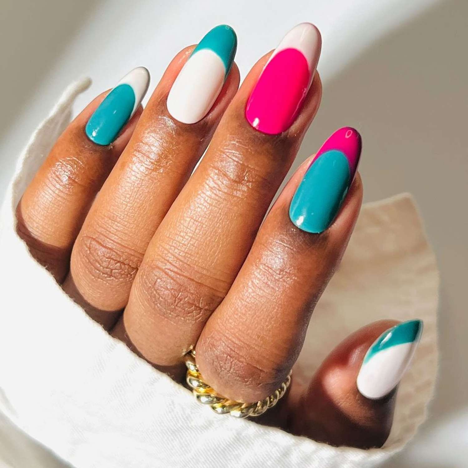 Color-Blocked French Tips in Teal White Hot Pink Color-Blocked French Tips in Teal White Hot Pink — Colored French Tip Nails