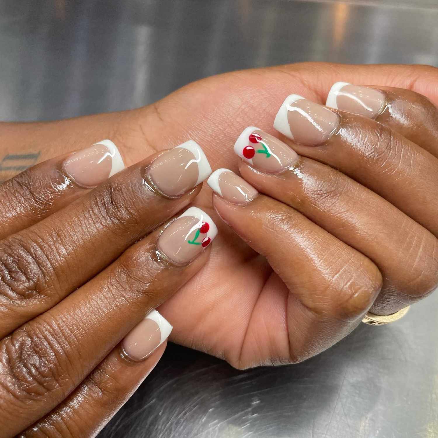 Cherry Accent French Squares Cherry Accent French Squares — Short Gel Nails