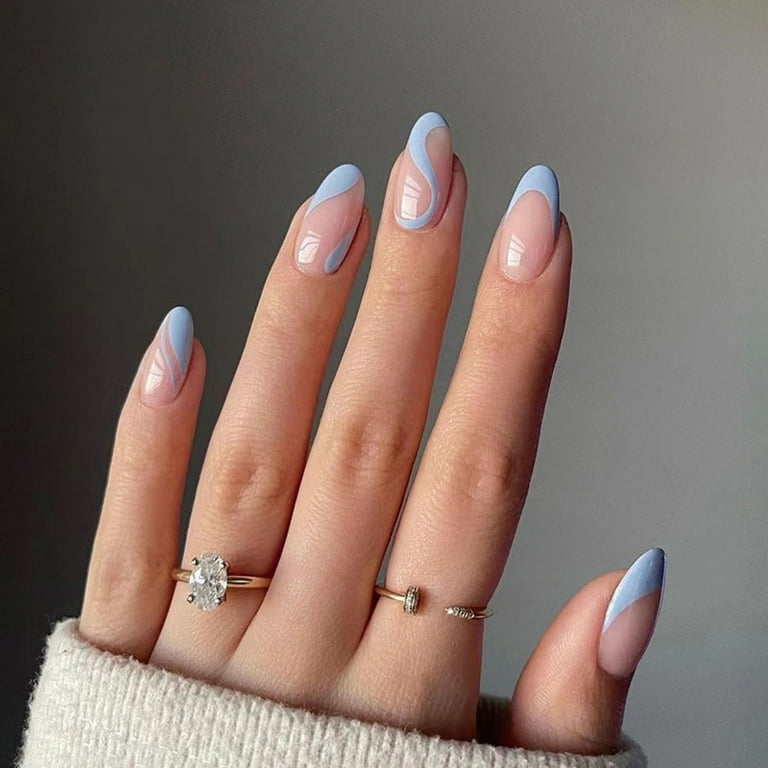 Light Blue Wavy French Almond Nails — Blue French Tip Nails
