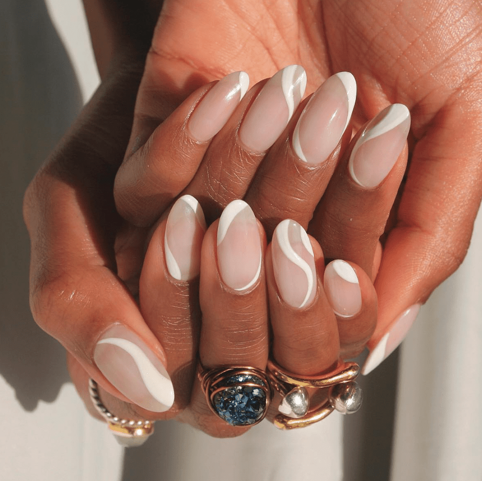 Abstract White Swirl Sheer Nude Nails — Nails for Women Over 60