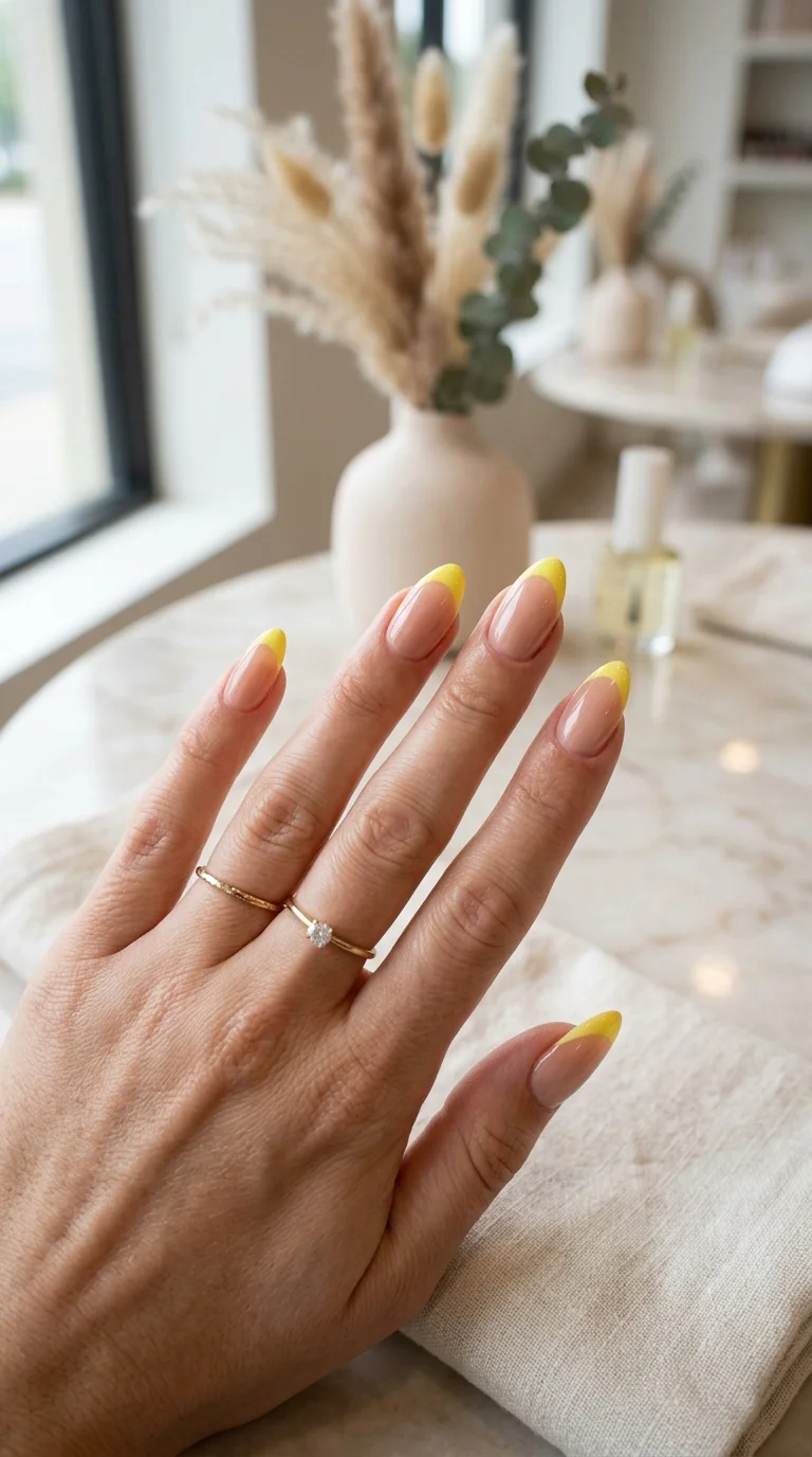 Bright Yellow French Tip Almonds — Yellow Nails