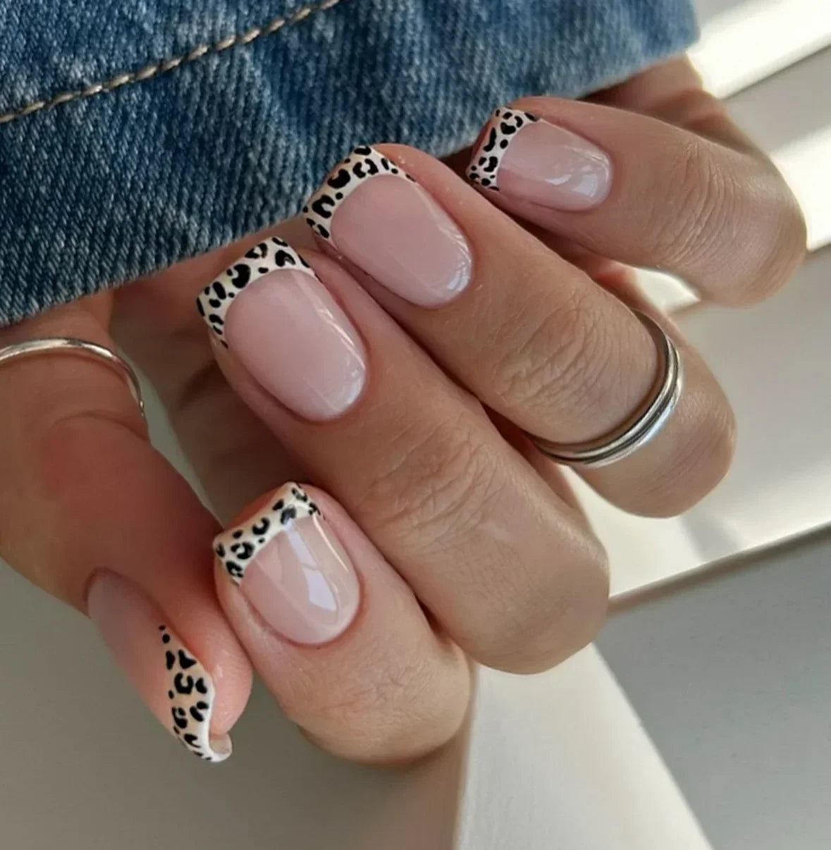 Leopard Print French Tips — Short Square Nails