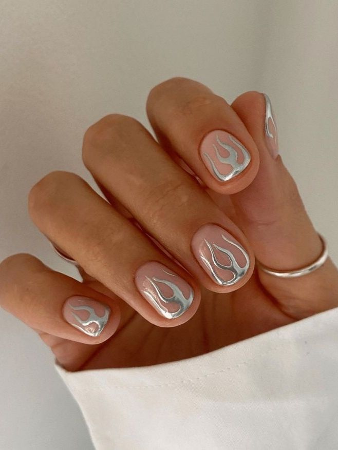 Short Square Pink with Silver Flames — Minimalist Nails