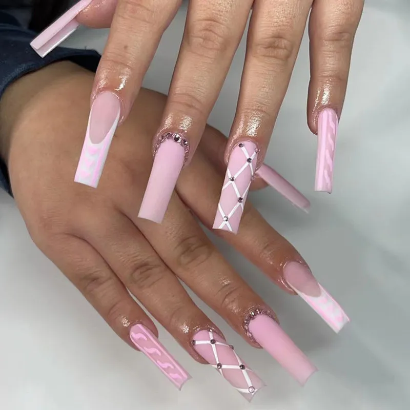 Intricate White Winter Art Coffin Nails — Long Nails