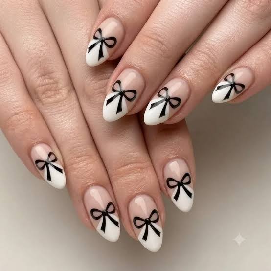 Hand-Painted Black Bow French Almond Nails Hand-Painted Black Bow French Almond Nails — Bow Nails