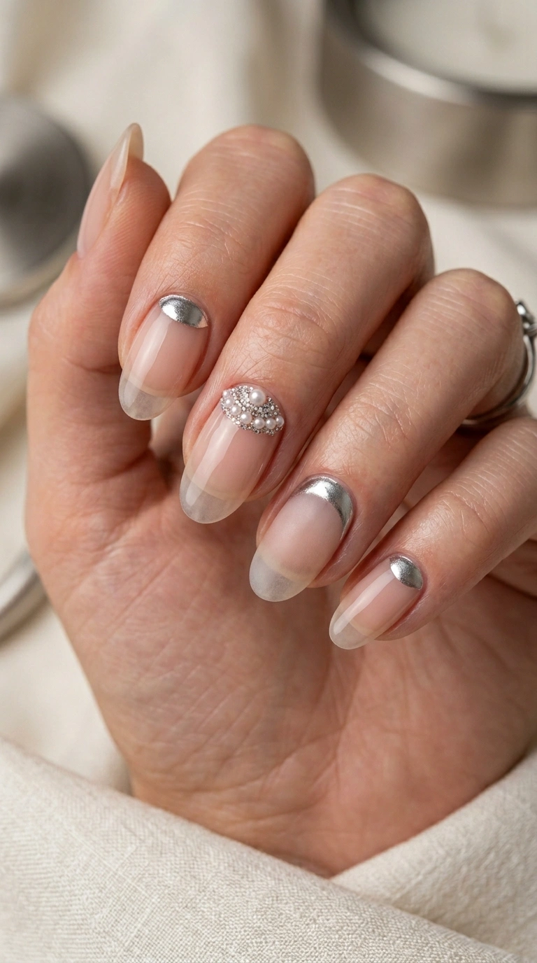 Silver Crescent Pearl Accent Almond — Reverse French Nails
