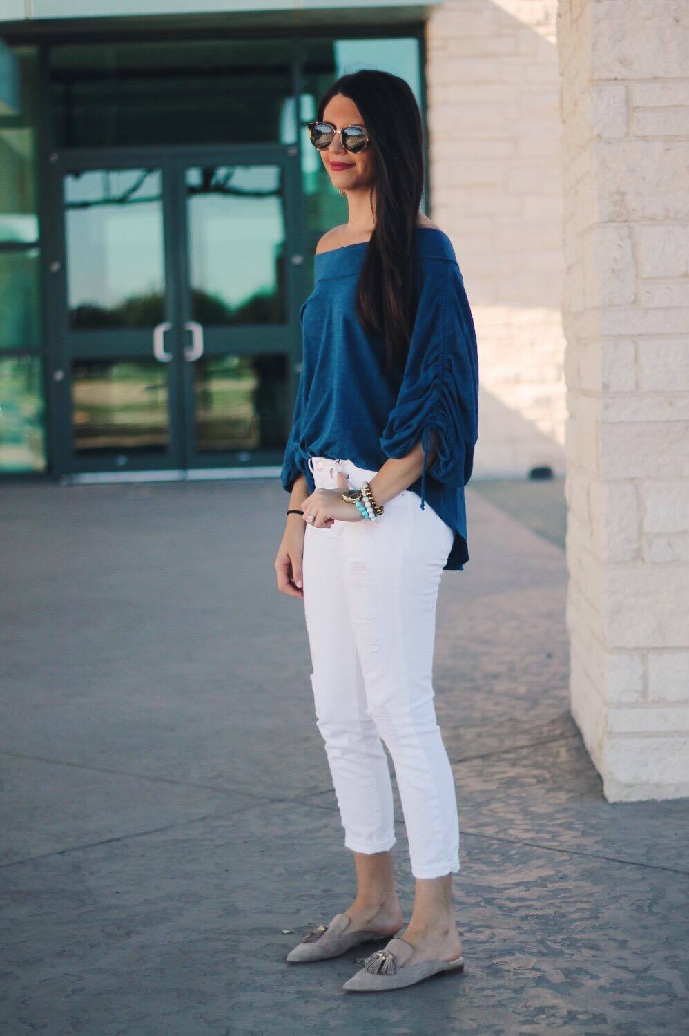 Off-the-Shoulder Blouse with Straight-Leg Jeans and Mules Off-the-Shoulder Blouse with Straight-Leg Jeans and Mules — Casual Date Night Outfits