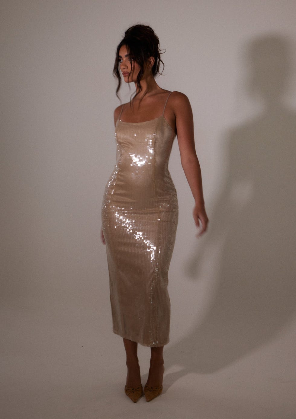 Champagne Sequined Slip Dress for a Glamorous Party — Party Outfits