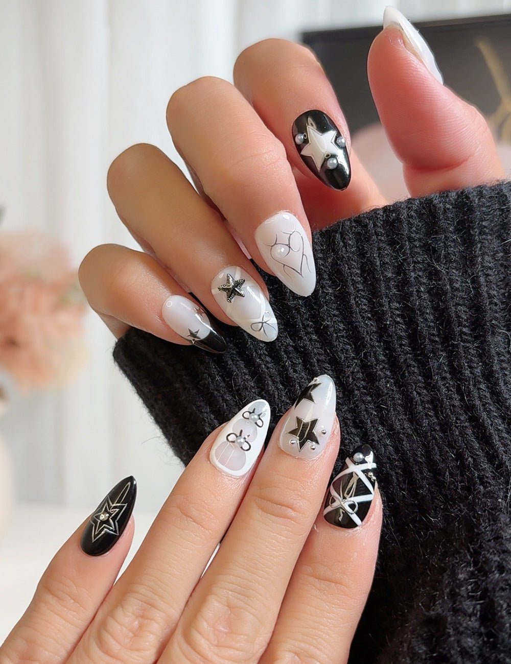 Long Almond Embellished Black and White Nails Long Almond Embellished Black and White Nails