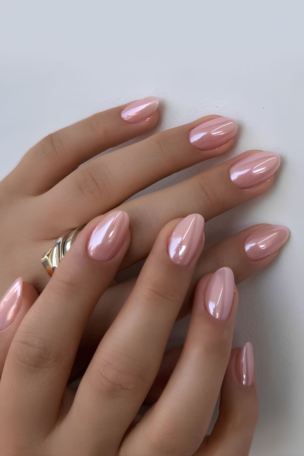 Pale Pink Subtle Chrome Sheen Almond Pale Pink Subtle Chrome Sheen Almond — Pink Chrome Nails