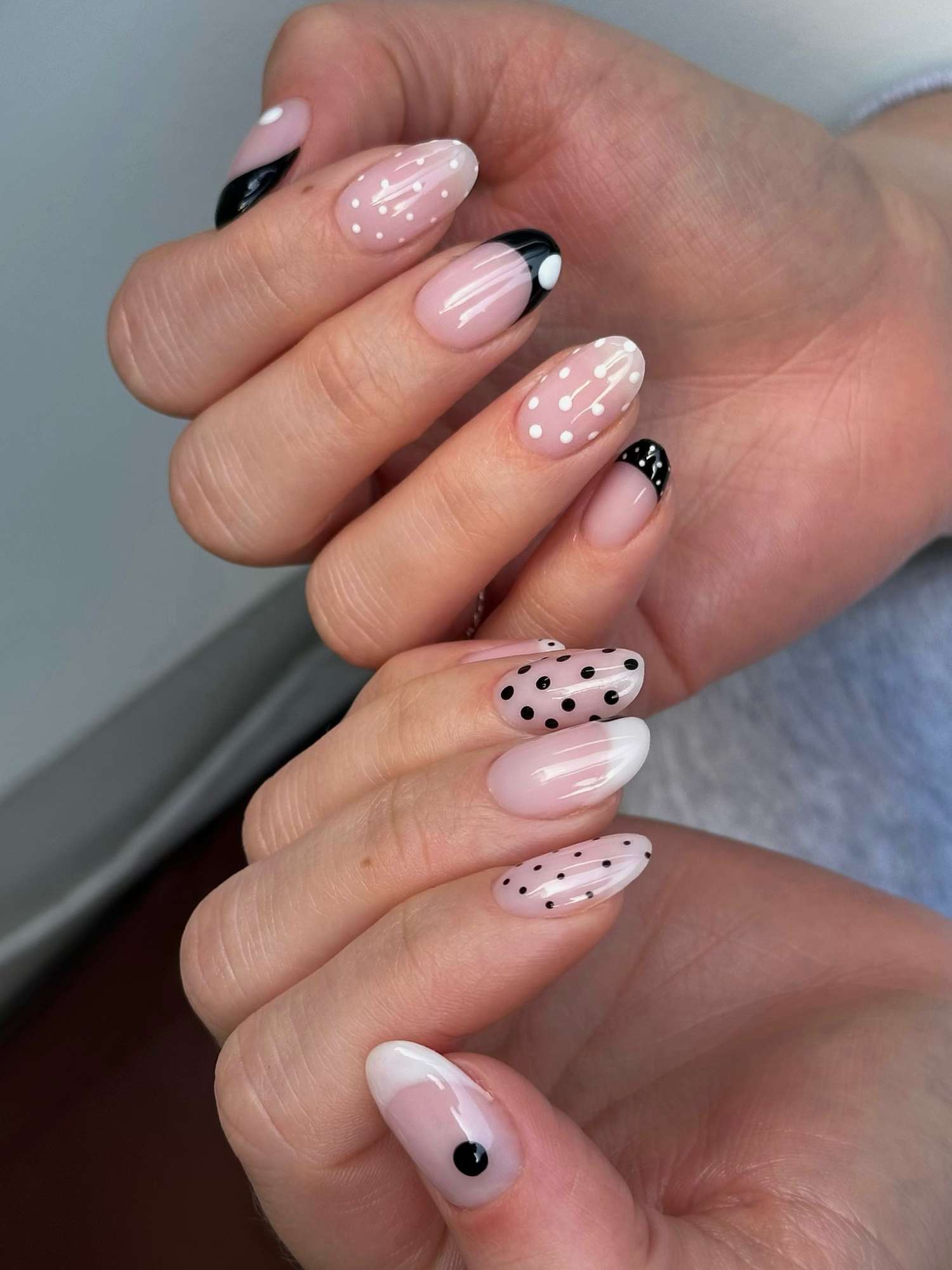 Nude Oval with Monochromatic Dots and Half-Moons — Nail Designs