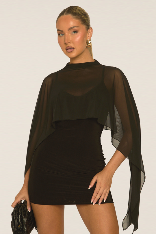 Black Mini Dress with Sheer Mesh Cape Overlay Black Mini Dress with Sheer Mesh Cape Overlay — Going Out Outfits