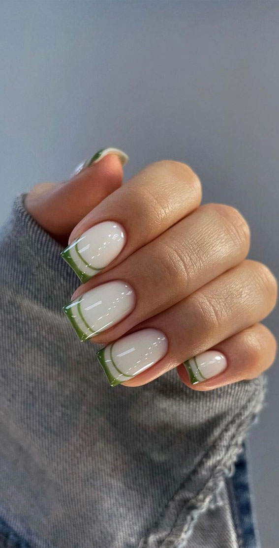 White Base Green Double Lines Visual Idea — Double French Nails