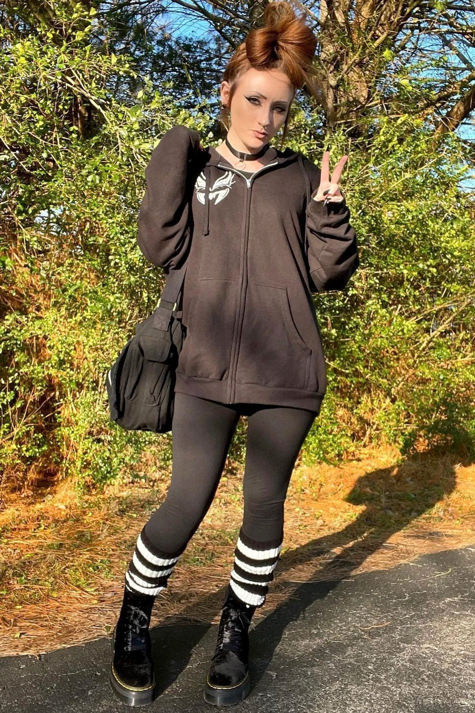 Monochrome Comfort: Zip-Up Hoodie, Leggings, and Thigh-High Socks — Emo Outfits
