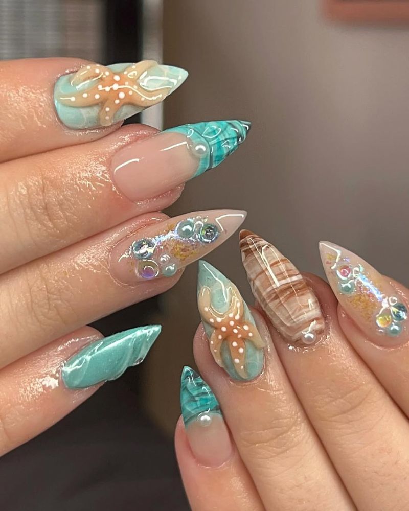 Nude Turquoise 3D Charm Stilettos Nude Turquoise 3D Charm Stilettos — Mermaid Nails