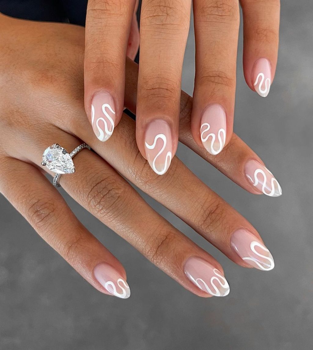 White Wavy Lines On All Nails Visual Idea White Wavy Lines On All Nails Visual Idea — Engagement Nails