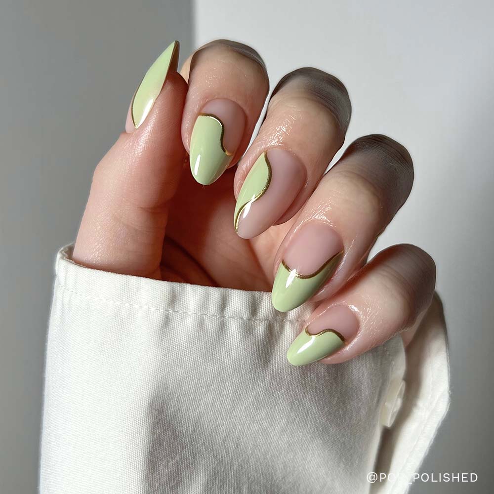Abstract Gold Lines On Green Base Visual Idea — Green Nails