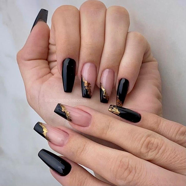Long Coffin Mix Solid Black and Sheer with Gold Foil Accents — Black and Gold Nails