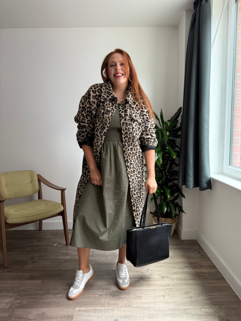 Olive Midi Dress with Statement Leopard Print Coat — Midsize Outfits