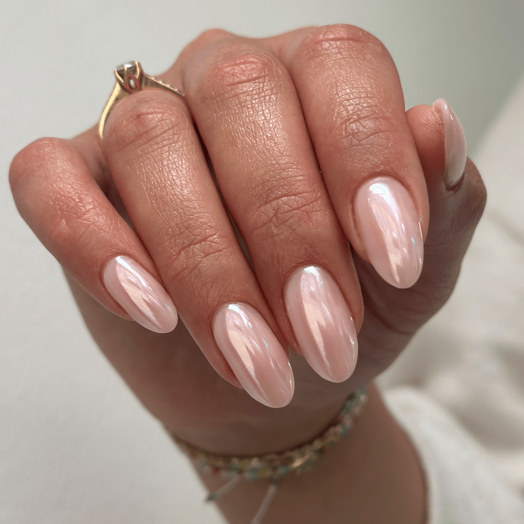 Pearlescent High Gloss Iridescent White Chrome Stilettos — Pearl Nails
