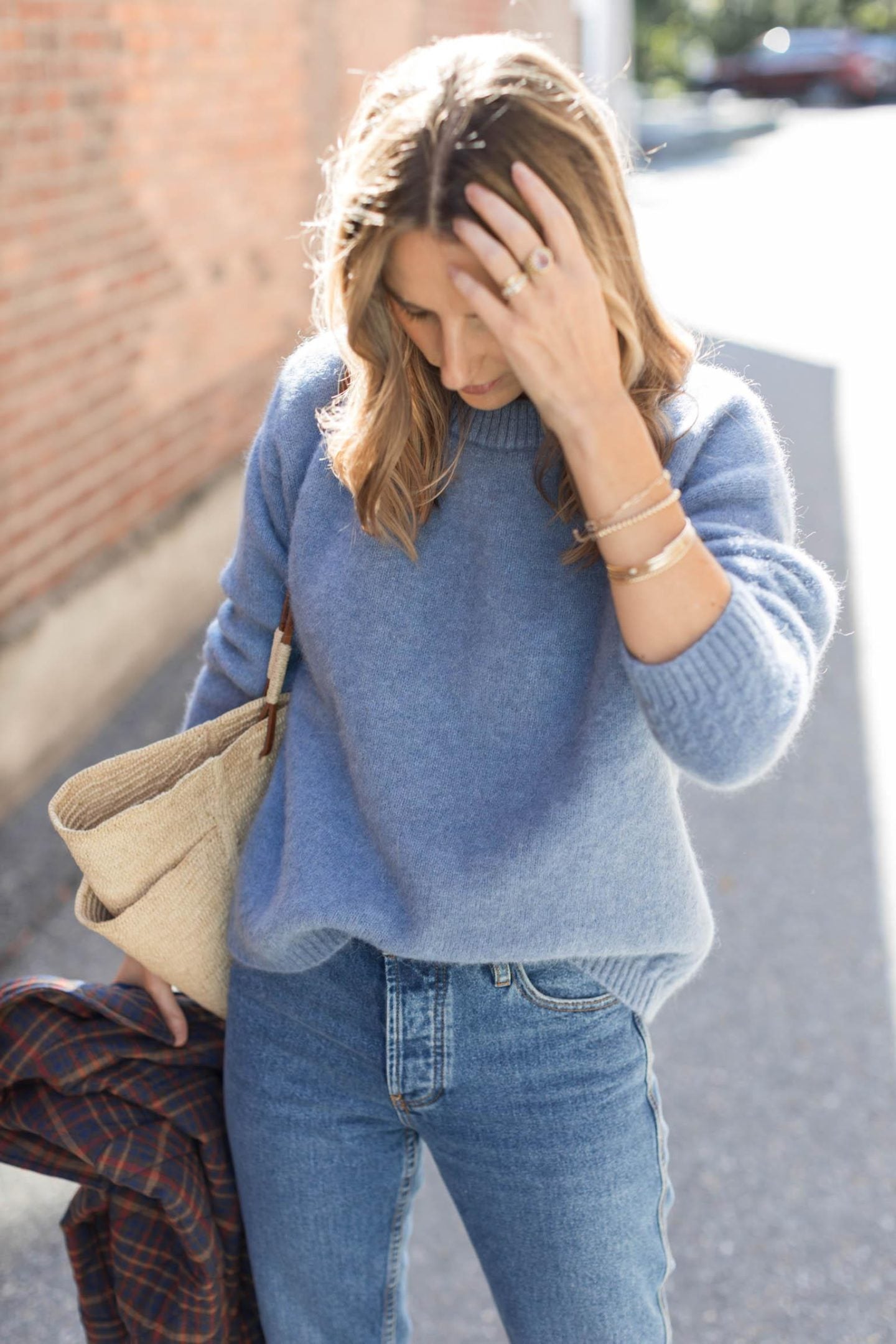 Fuzzy Knit Sweater with Denim Jeans and Plaid Jacket Fuzzy Knit Sweater with Denim Jeans and Plaid Jacket — Preppy Outfits