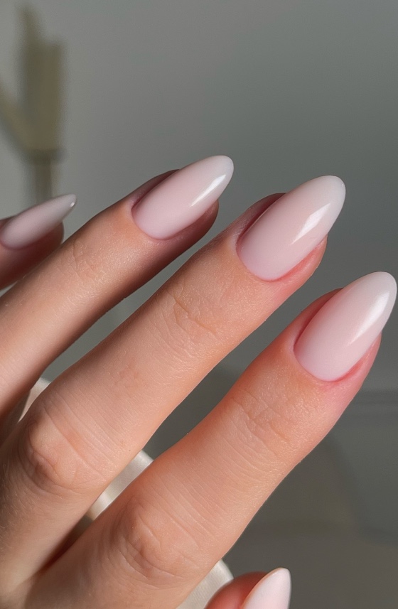 Milky Pink Nude Glossy Medium Almond Nails Milky Pink Nude Glossy Medium Almond Nails — Nails for Pale Skin