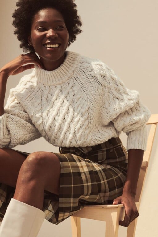 Oversized Cream Cable-Knit Sweater with Plaid Skirt — Light Academia Outfits