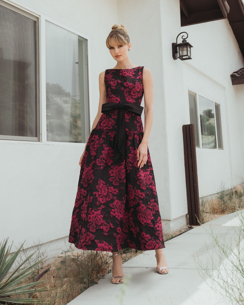 Black Brocade Maxi Dress with Bold Pink Floral Print — Tea Party Outfits