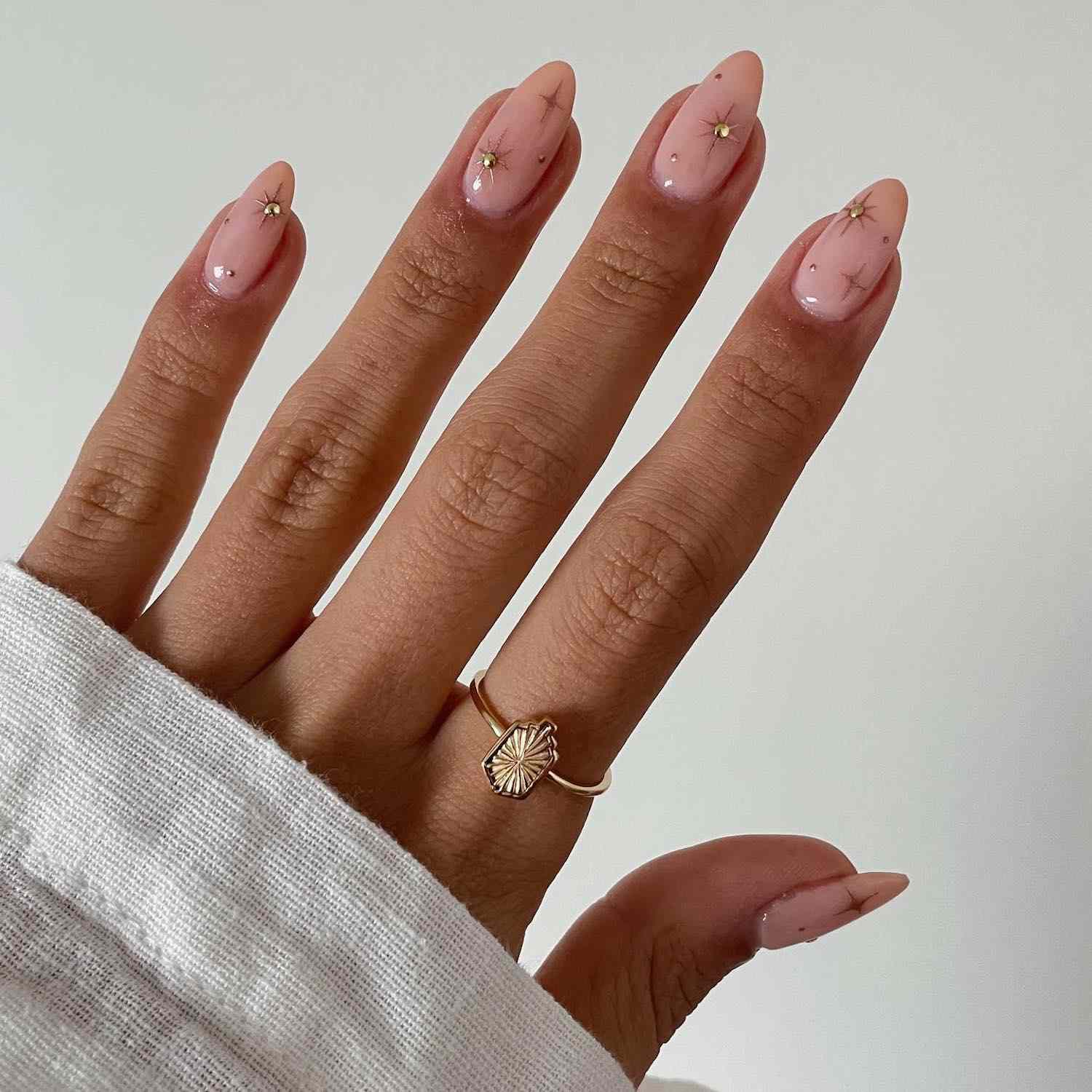 Long Almond Gold Star Stud Nails Long Almond Gold Star Stud Nails — Star Nails