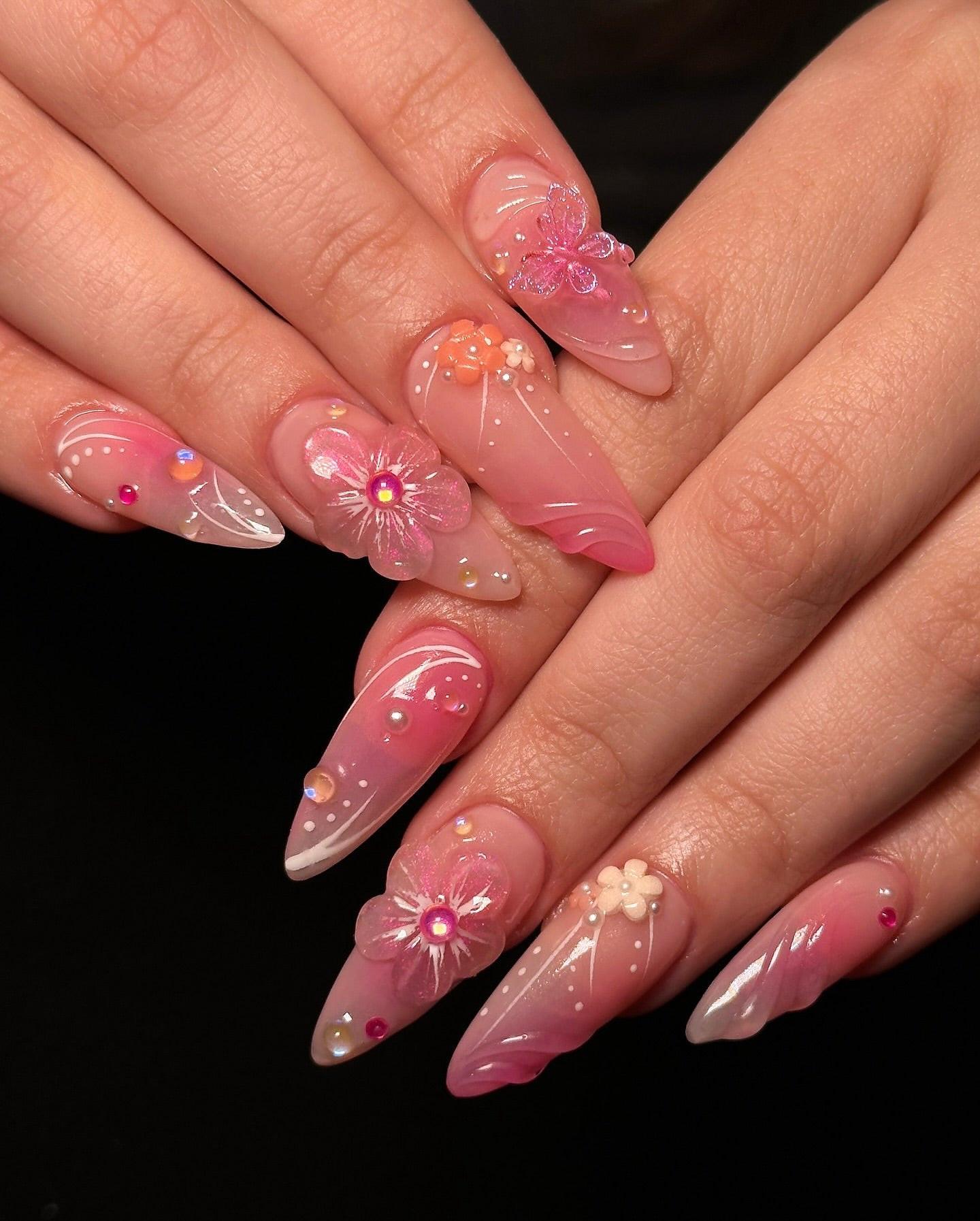Sheer Pink Gradient with 3D Butterflies — 3D Nails