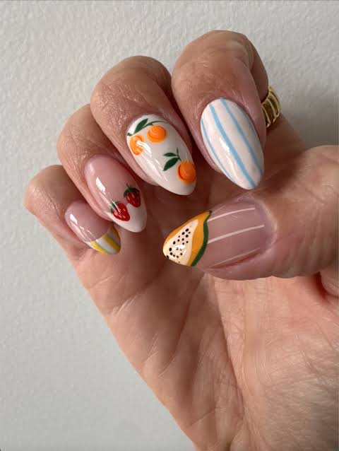 Summer Fruit Theme Almond Nails — Mismatched Nails