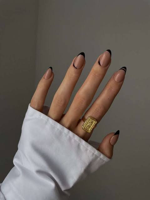 Nude Base Black French Tip Almond Nails — Aesthetic Nails
