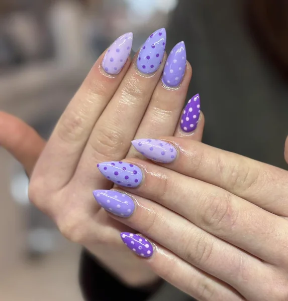 Purple Tones with White Dots Medium Stiletto Nails Purple Tones with White Dots Medium Stiletto Nails — Purple Nails