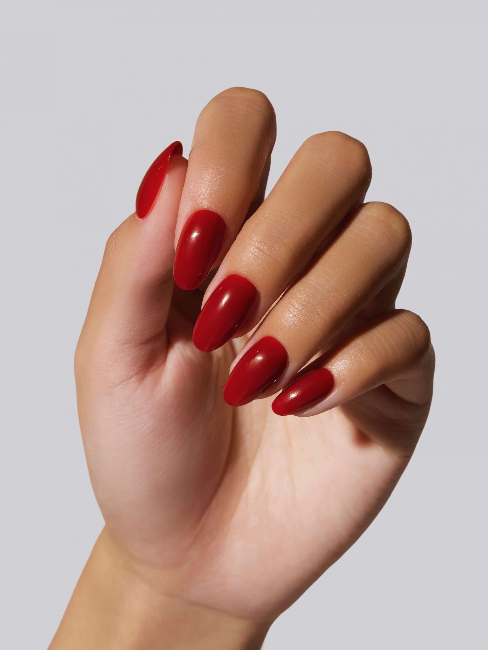 Deep Glossy Red Short Oval Nails — Red Nails