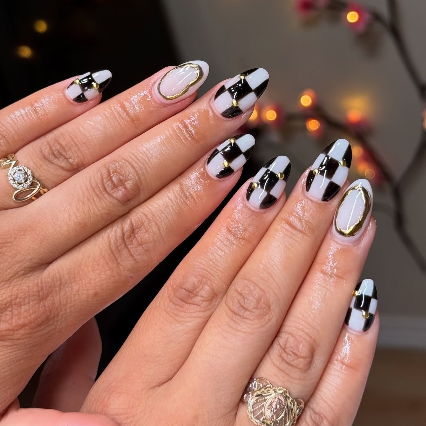 Checkered Nails with Gold Accents Checkered Nails with Gold Accents