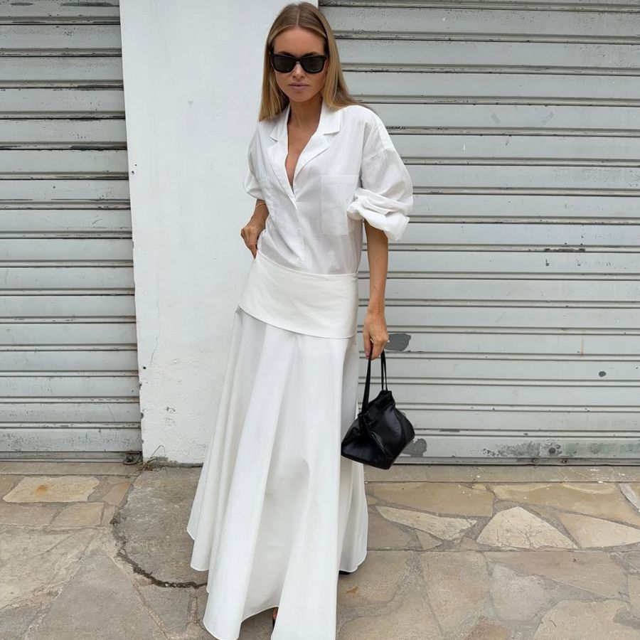 Flowing White Ensemble: Oversized Shirt and Maxi Skirt Flowing White Ensemble: Oversized Shirt and Maxi Skirt — Dressy Outfits
