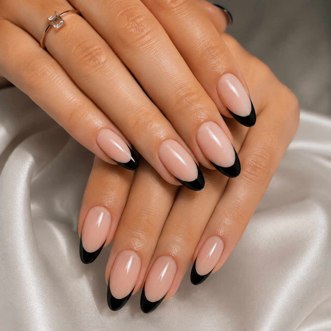 Sheer Nude Base Black French Tips Sheer Nude Base Black French Tips — Black French Tip Nails