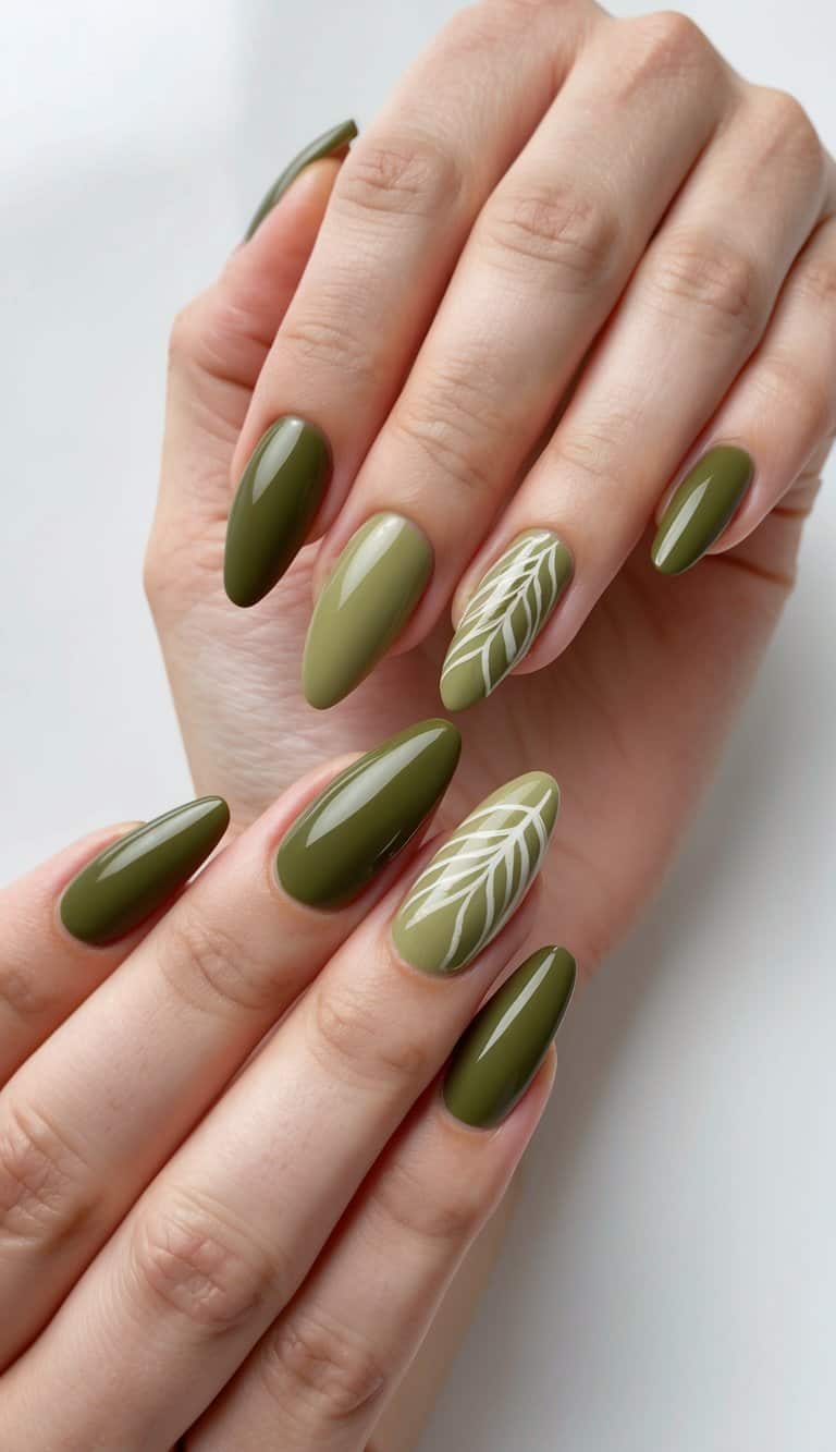 Olive and Muted Green Leaf Outline Nails — Green Nails