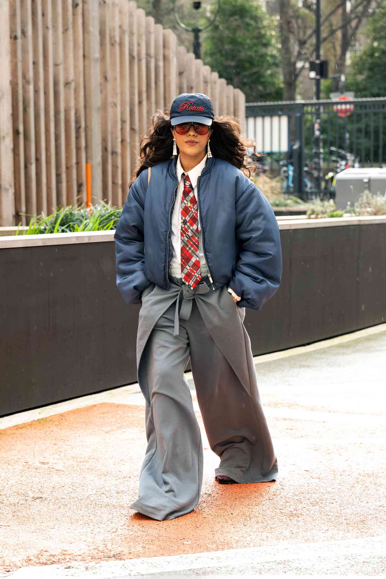 Bomber Jacket with Plaid Tie, Wide-Leg Pants, and Pink Sneakers Bomber Jacket with Plaid Tie, Wide-Leg Pants, and Pink Sneakers — Preppy Outfits