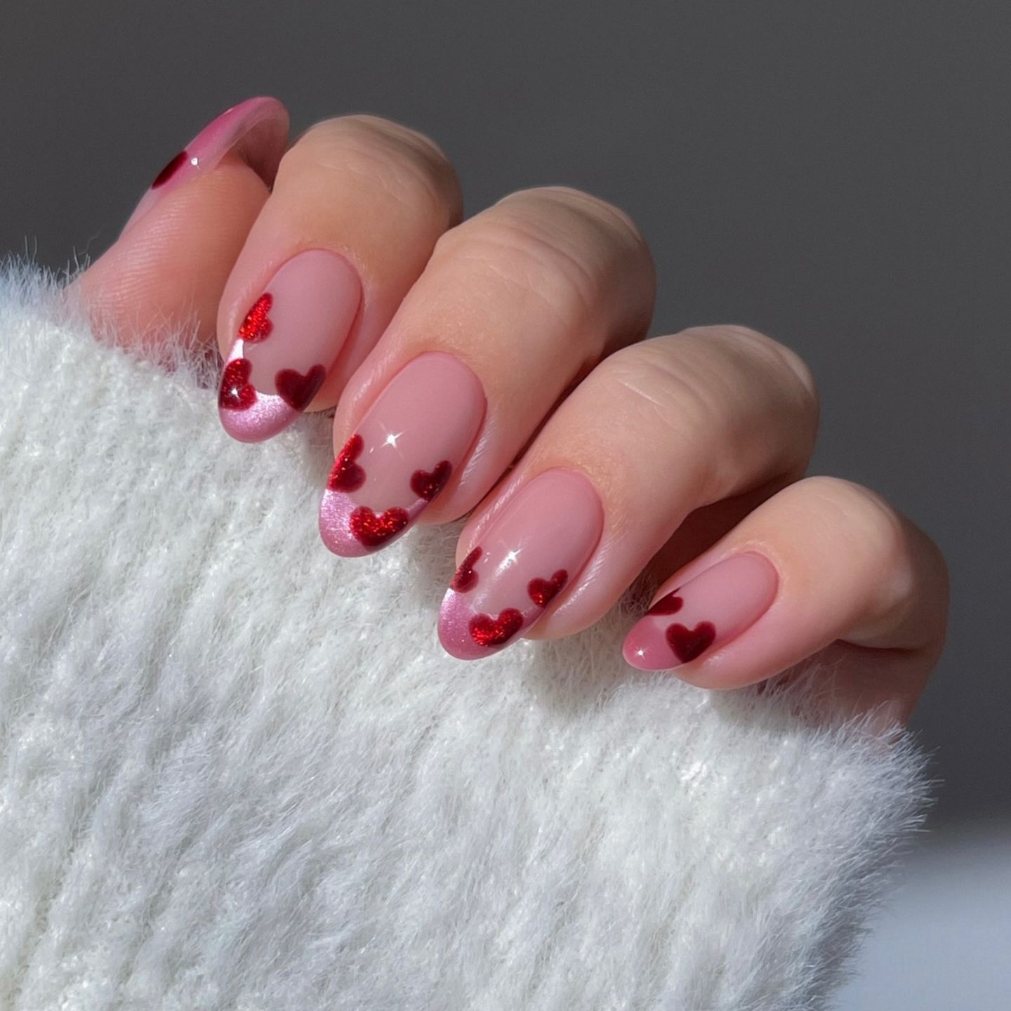 Short Oval Nude French With Red Heart Tips Short Oval Nude French With Red Heart Tips — Heart Nails