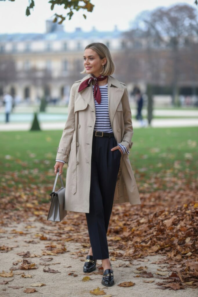 Classic Trench Coat with Striped Top and Silk Scarf Classic Trench Coat with Striped Top and Silk Scarf — Paris Outfits